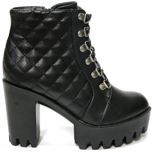 Shoes - Black Combat Lace Up Platform Lug Sole Bootie Boot